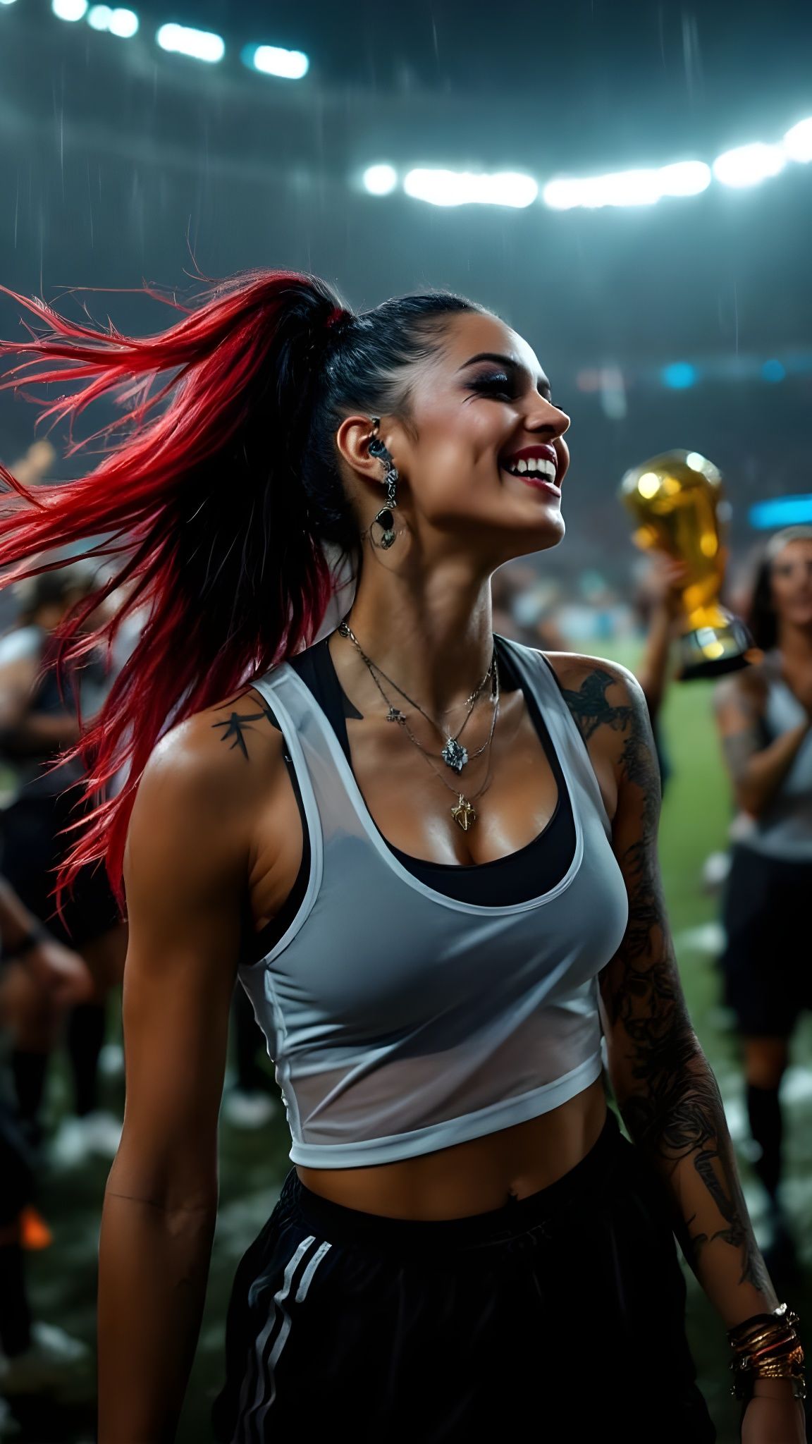 Brunette Soccer Star Celebrates Victory in Rainy Stadium