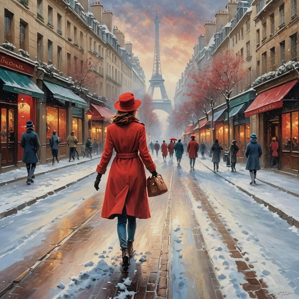 Woman in Red Walking Snowy Paris Street