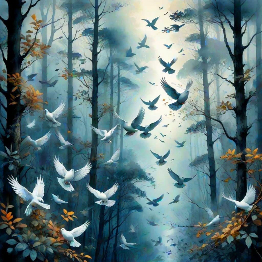 Heavenly Doves in a Misty Forest
