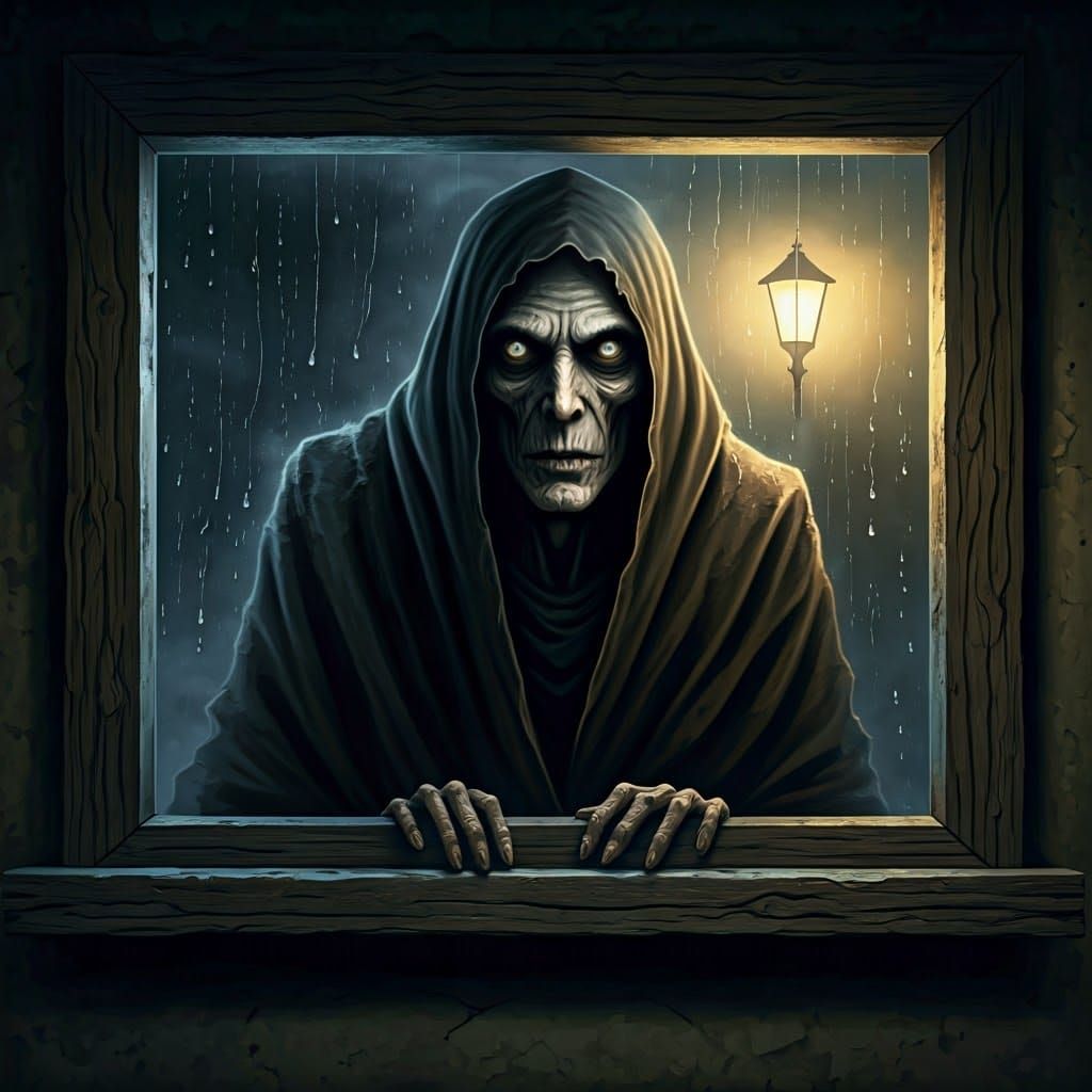 Mysterious Figure Peers Through Cracked Window in Stormy Nig...