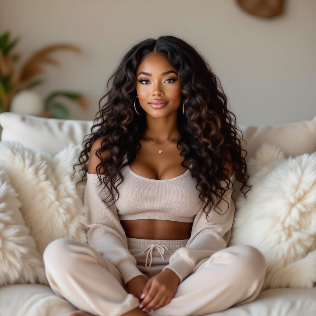 Cozy Lounge Style: Black Woman on Sofa