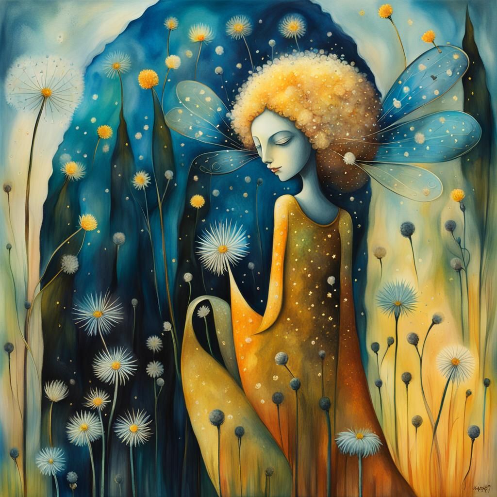 Winged Fairies in Dandelion Dreamscape: Dark Fantasy Art