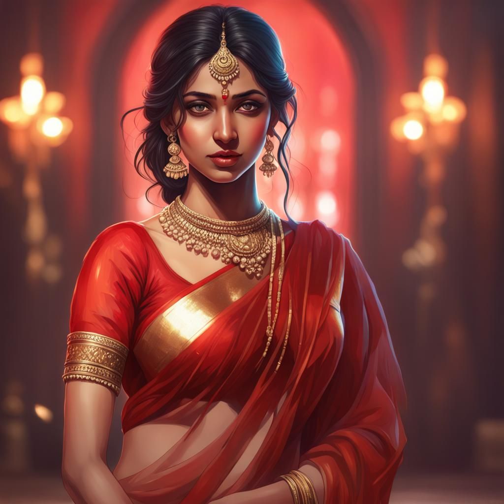 A hot indian girl in red saree, beautiful, cute, age 18, realistic, 4k, hd,