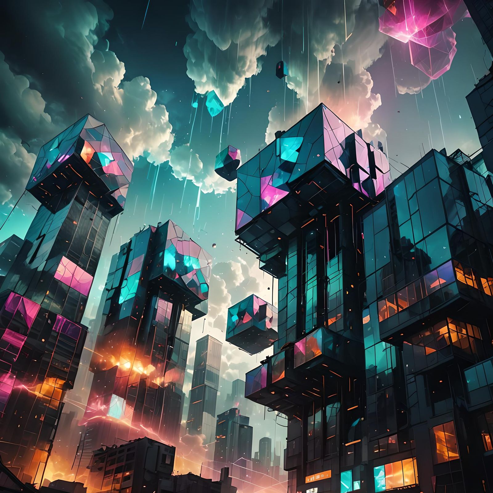 Surreal Cyberpunk Skyscrapers with Falling Geometric Shapes