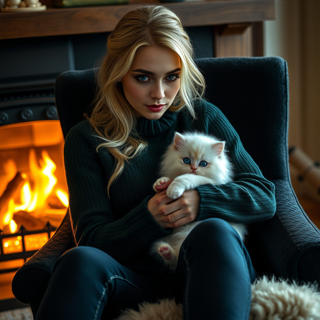 Blonde Woman Cuddles Kitten in Surreal Digital Art