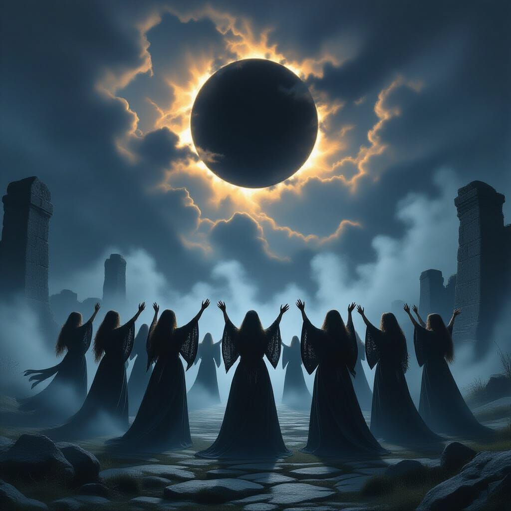Witches' Ritual in Misty Stone Circle Under Solar Eclipse
