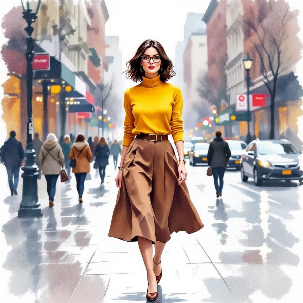 Impressionistic Watercolor of Woman Walking in City