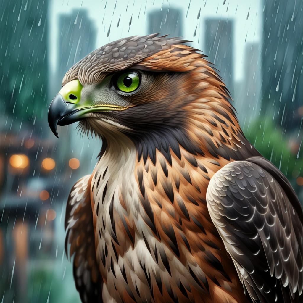 Dramatic Hawk Portrait Over Cityscape