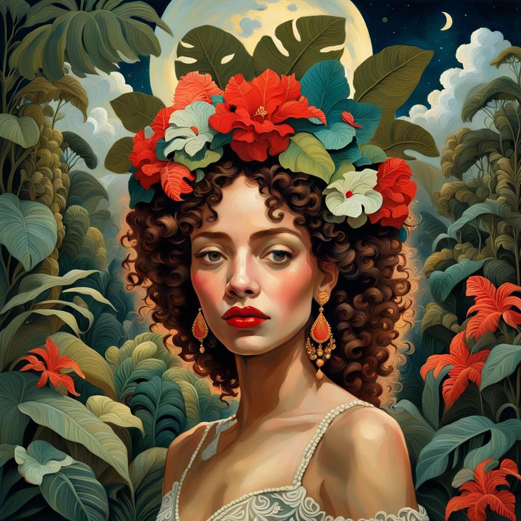 Woman with Floral Headdress in Post-Impressionist Style
