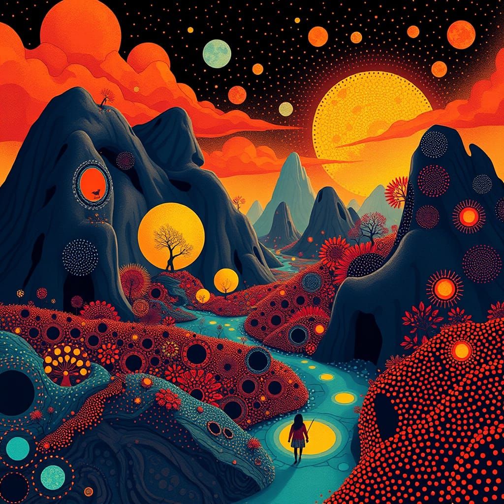 Surreal Digital Landscape with Aboriginal Dot Art Patterns