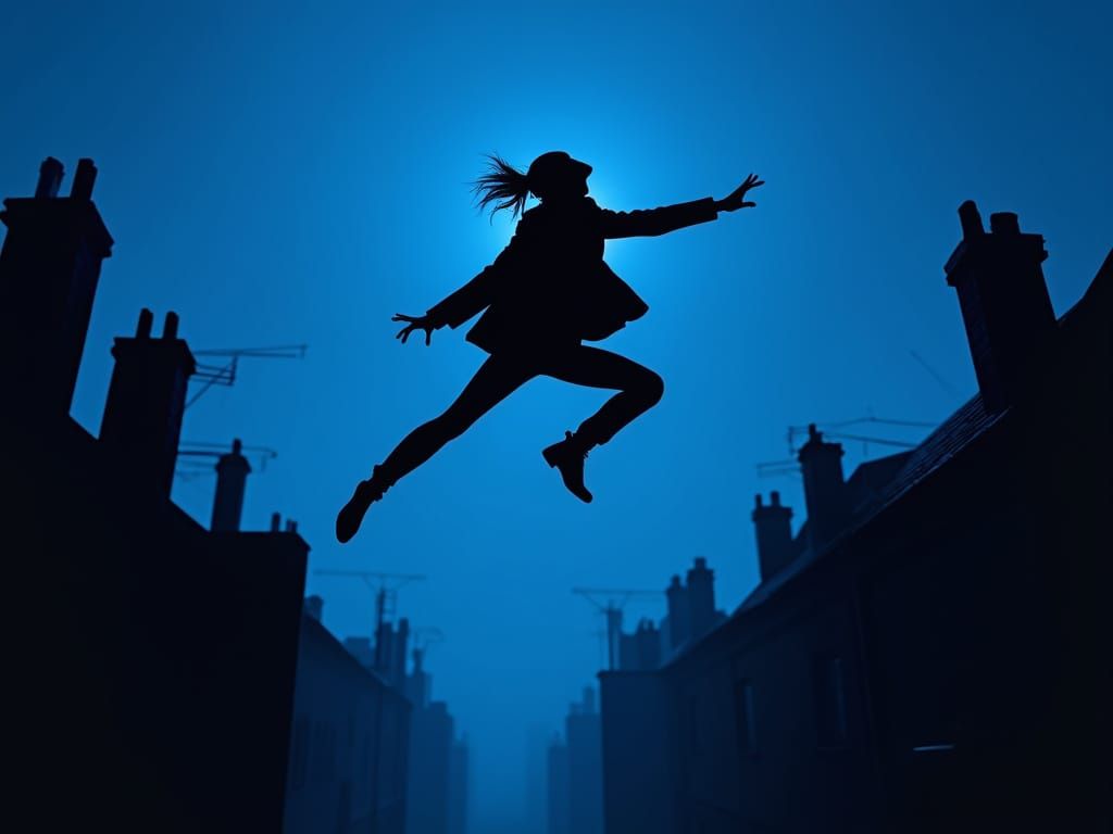 Dramatic Burglar Silhouette on Royal Blue Rooftop