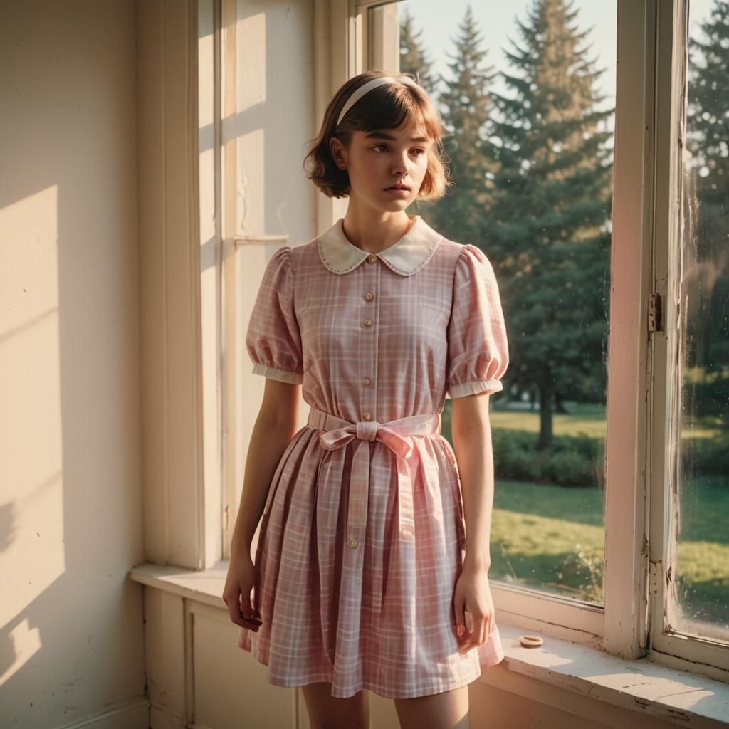 Boy in Pink Dress at Window, Cinematic Style
