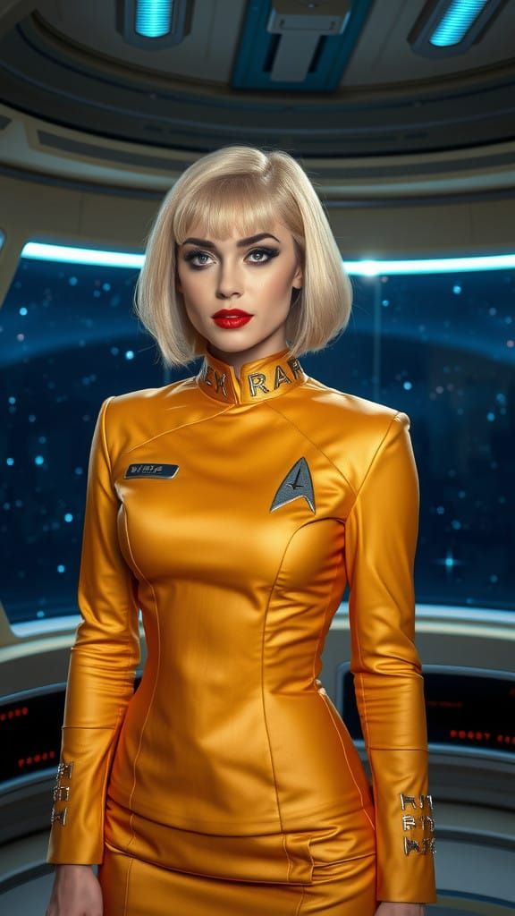 Confident Blonde Starship Officer in Classic Captain's Pose
