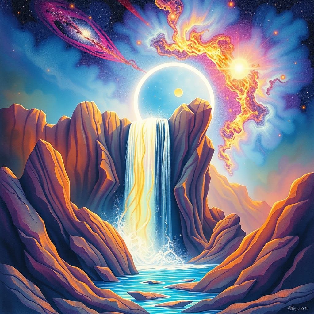 Galactic Waterfall Through Iridescent Astral Portal