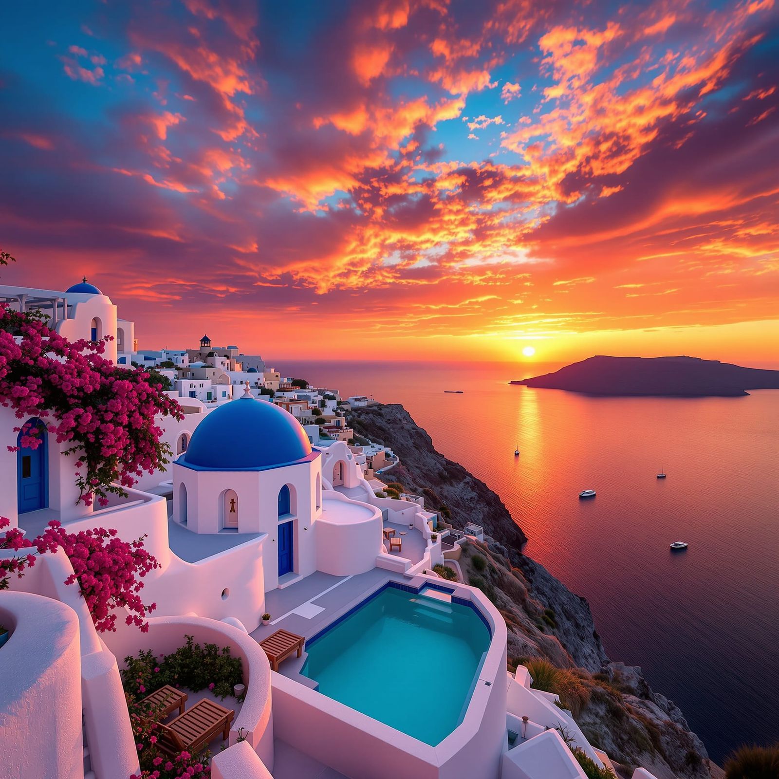 Santorini Cliffside Villa at Fiery Sunset