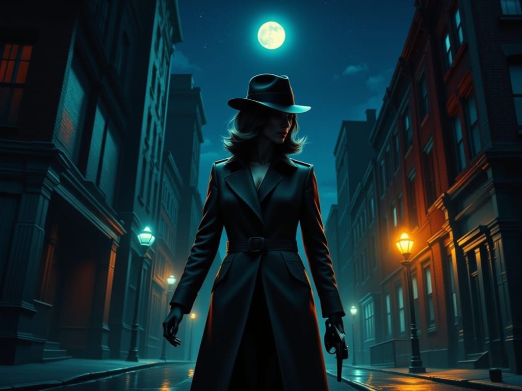 Film Noir Woman Walking at Night Under Bioluminescent Stars