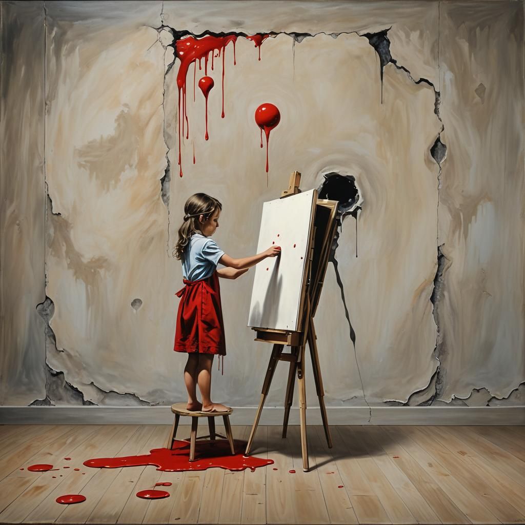 Surreal Child with Canvas and Red Paint