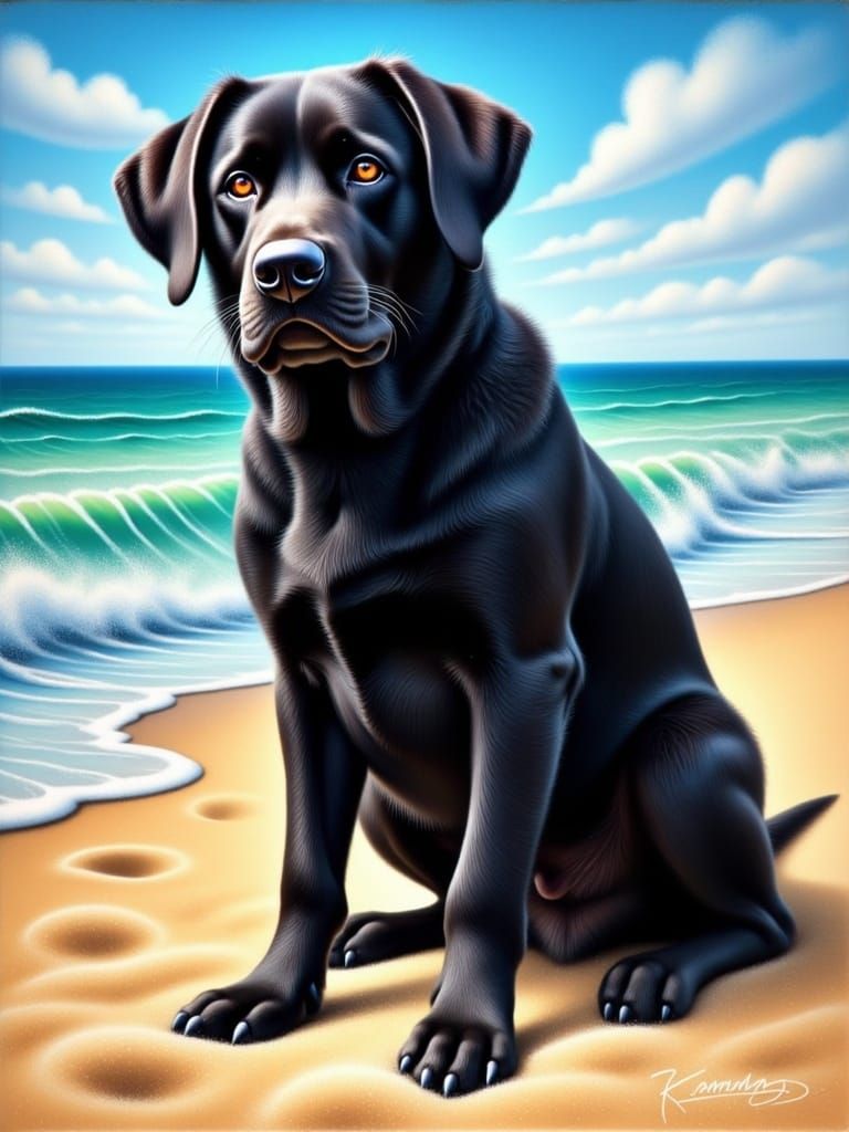 Surrealistic Beach Scene with Majestic Black Labrador in a C...