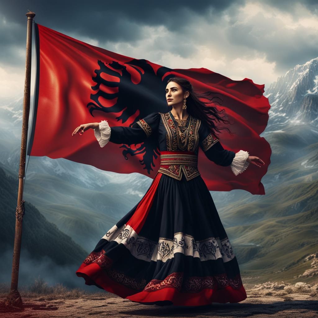 Albanian Woman Dancing in Traditional Dress