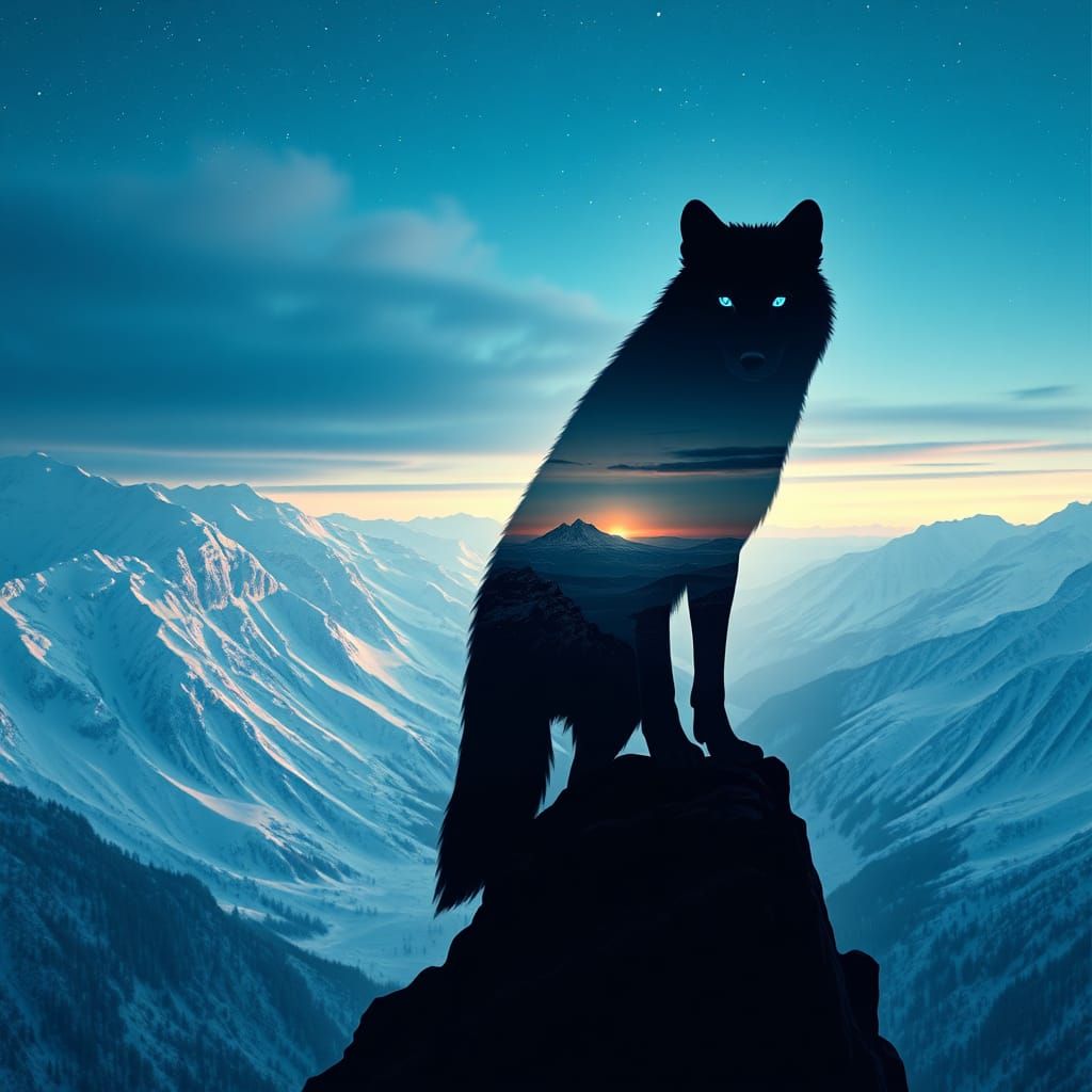 Black Wolf Silhouette Over Winter Wonderland