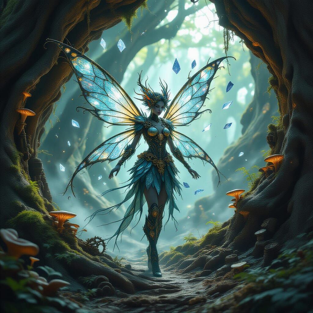 Crystalline Clockwork Fairy in Petrified Tree Hollow