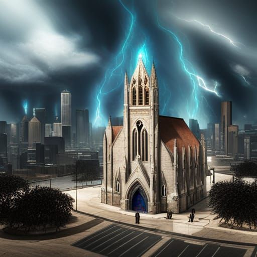Cyberpunk Church Ablaze in Blue Fire