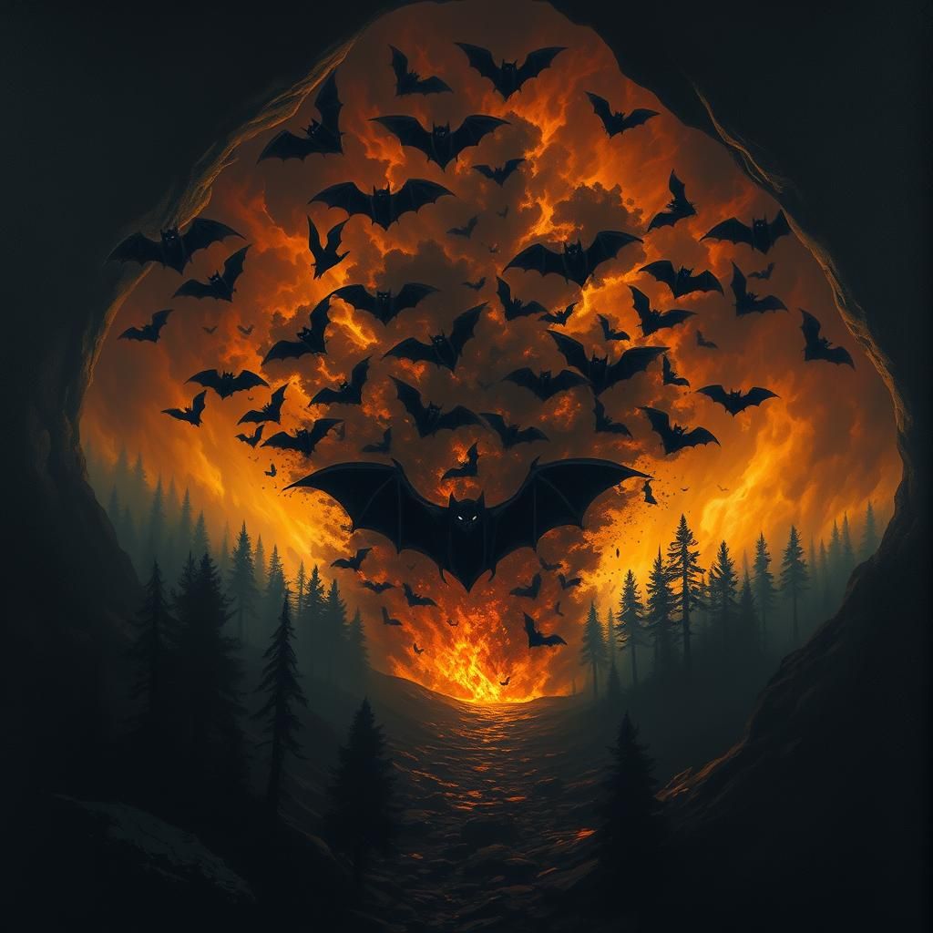 Bats Emerge from Cave as Forest Burns