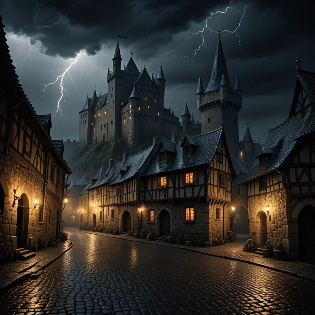 Medieval Villagers Seek Shelter from a Stormy Night