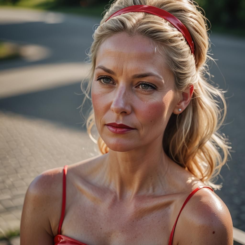Blonde Woman in Red PVC Dress Portrait