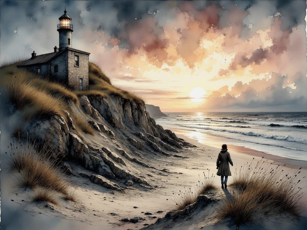 Lighthouse on Shifting Dune in Stormy Weather