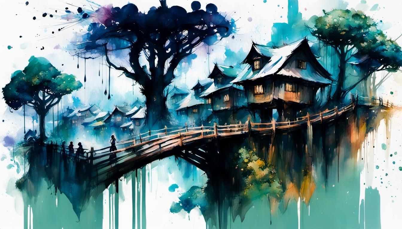 Epic Ink Splatter Art of a Tree Village