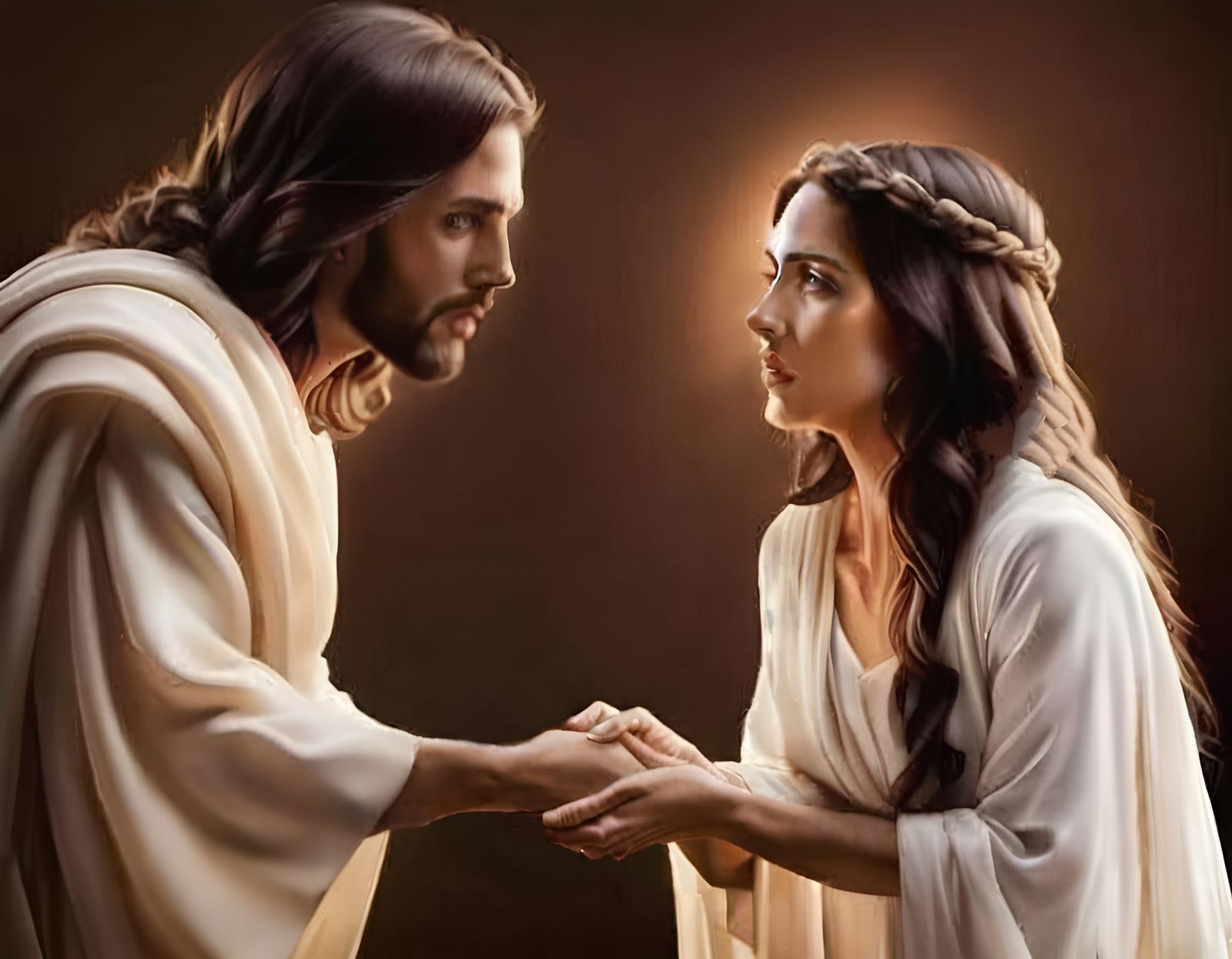 Jesus Touches Woman's Hands with Compassion