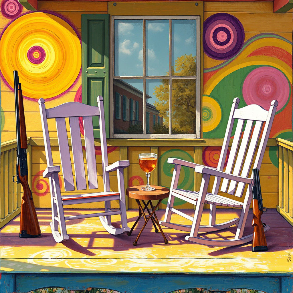 Whimsical Southern Porch Scene with Rocking Chairs