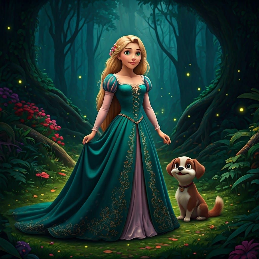 Rapunzel in Emerald Gown with Puppy