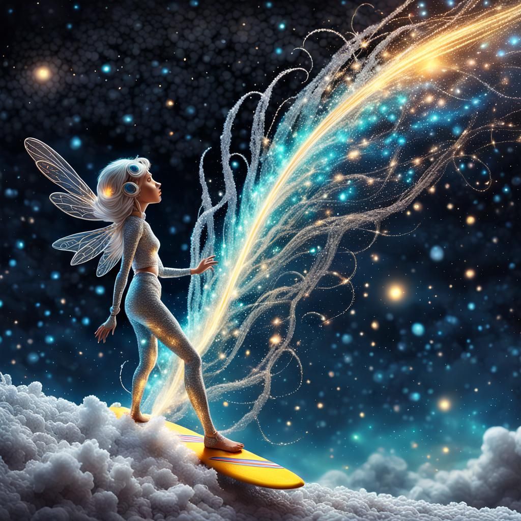 Whimsical Fairy Surfer on Comet's Golden Tail
