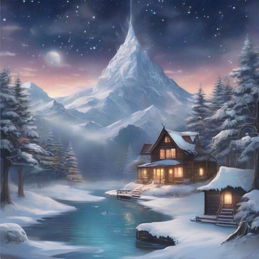 Mystical Winter City in Snowy Woods Under Starlit Sky