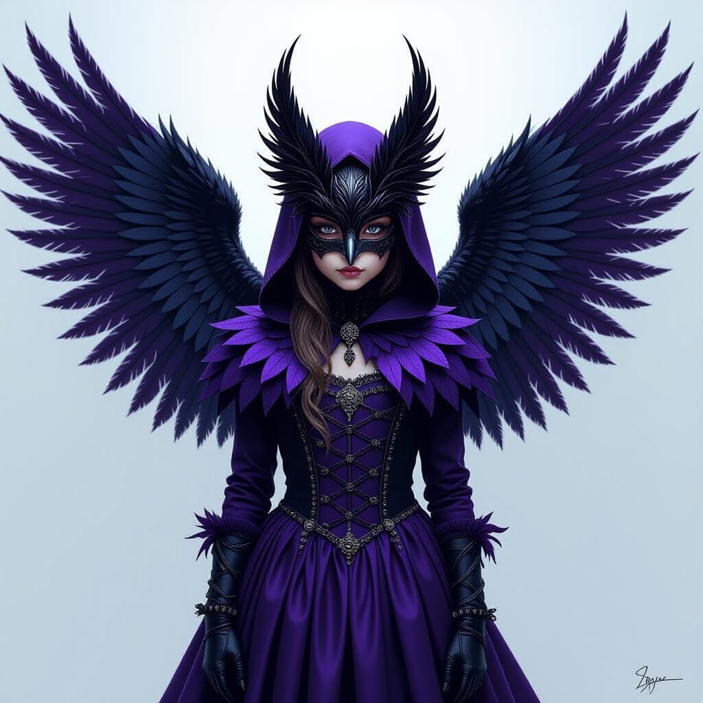Gothic Girl in Feathered Ensemble with Crow Mask