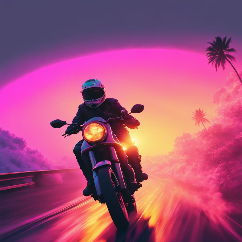 Surreal Neon Dreamscape of a Fly on a Motorbike