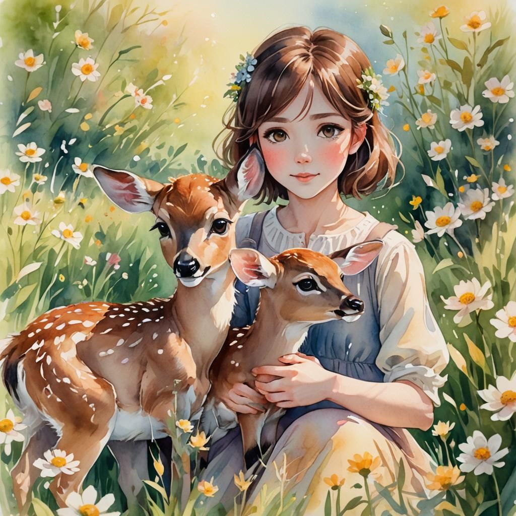 Cute Girl with Deer in Watercolor Anime Art
