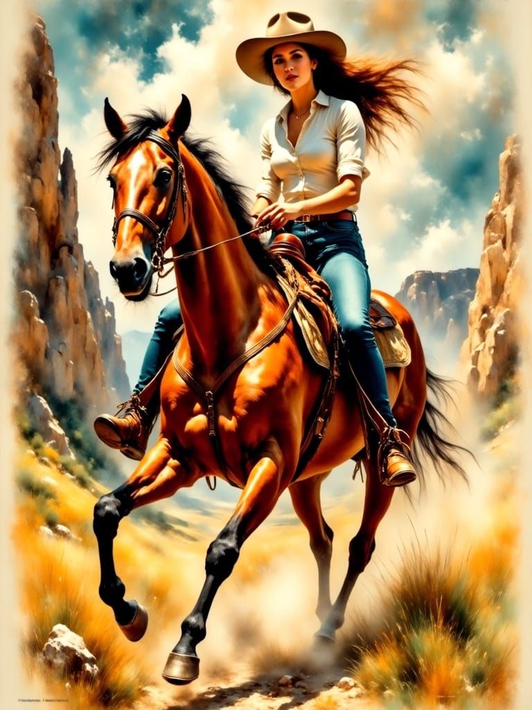 Vibrant Wild West Woman Rides Strong Horse in Impressionist ...