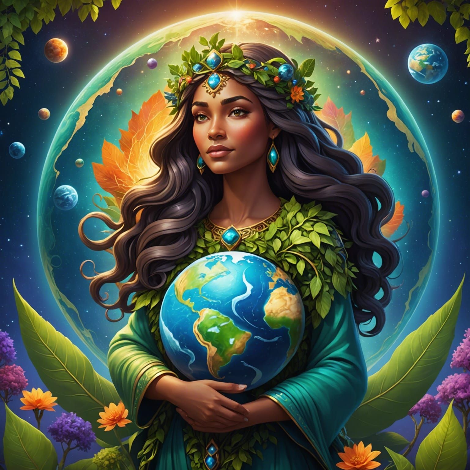Gaia Hugging Earth: 3D Cartoon Illustration