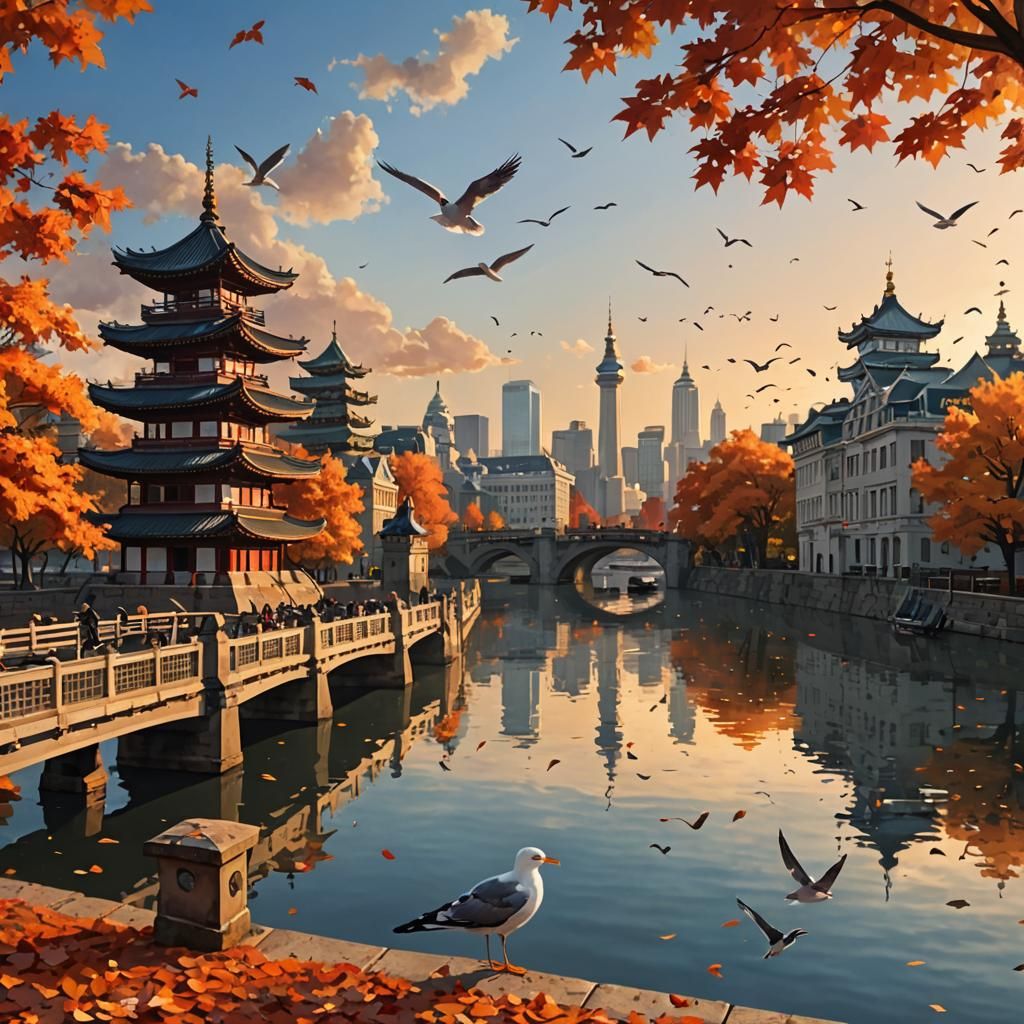 Autumn Cityscape with Seagulls and Falling Leaves