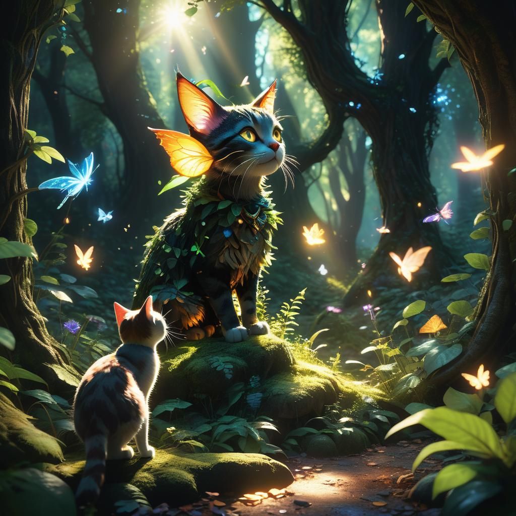 Cat and Fairy Encounter in Mystical Forest