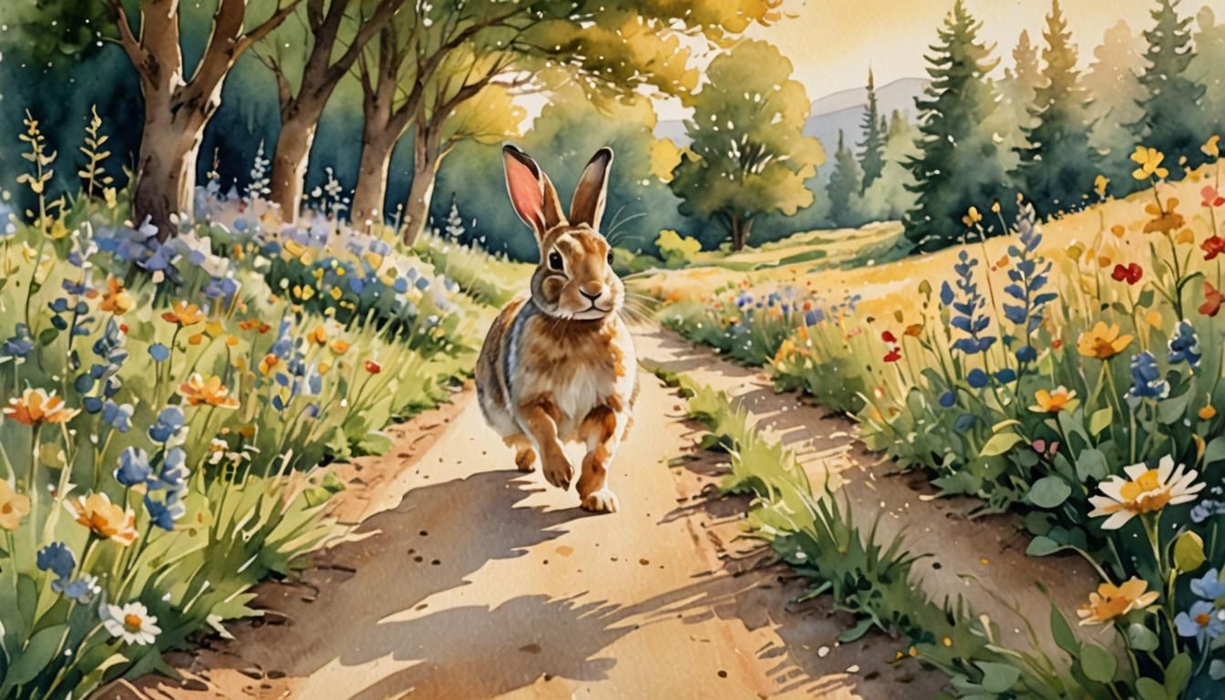Rabbit Hops on Sunlit Path: Watercolor Illustration