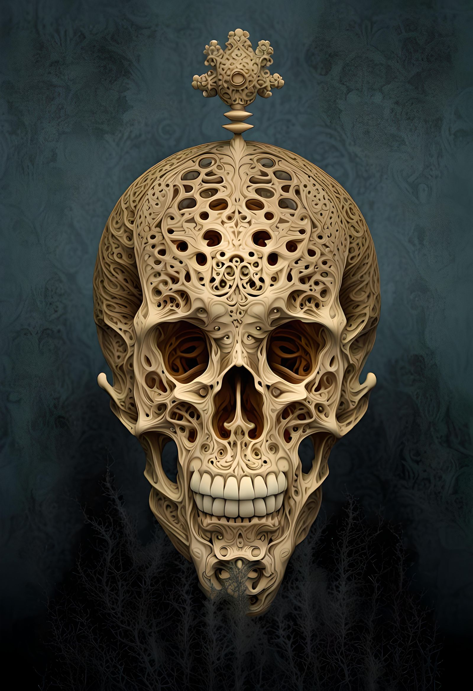Fractal Skull in Color Ink Illustration Style