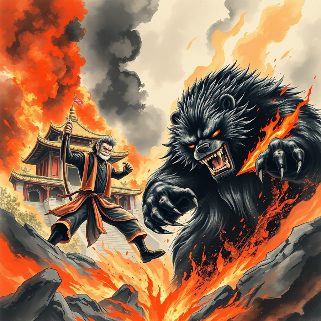 Monkey King Battles Black Bear Guai in Fiery Guanyin Temple