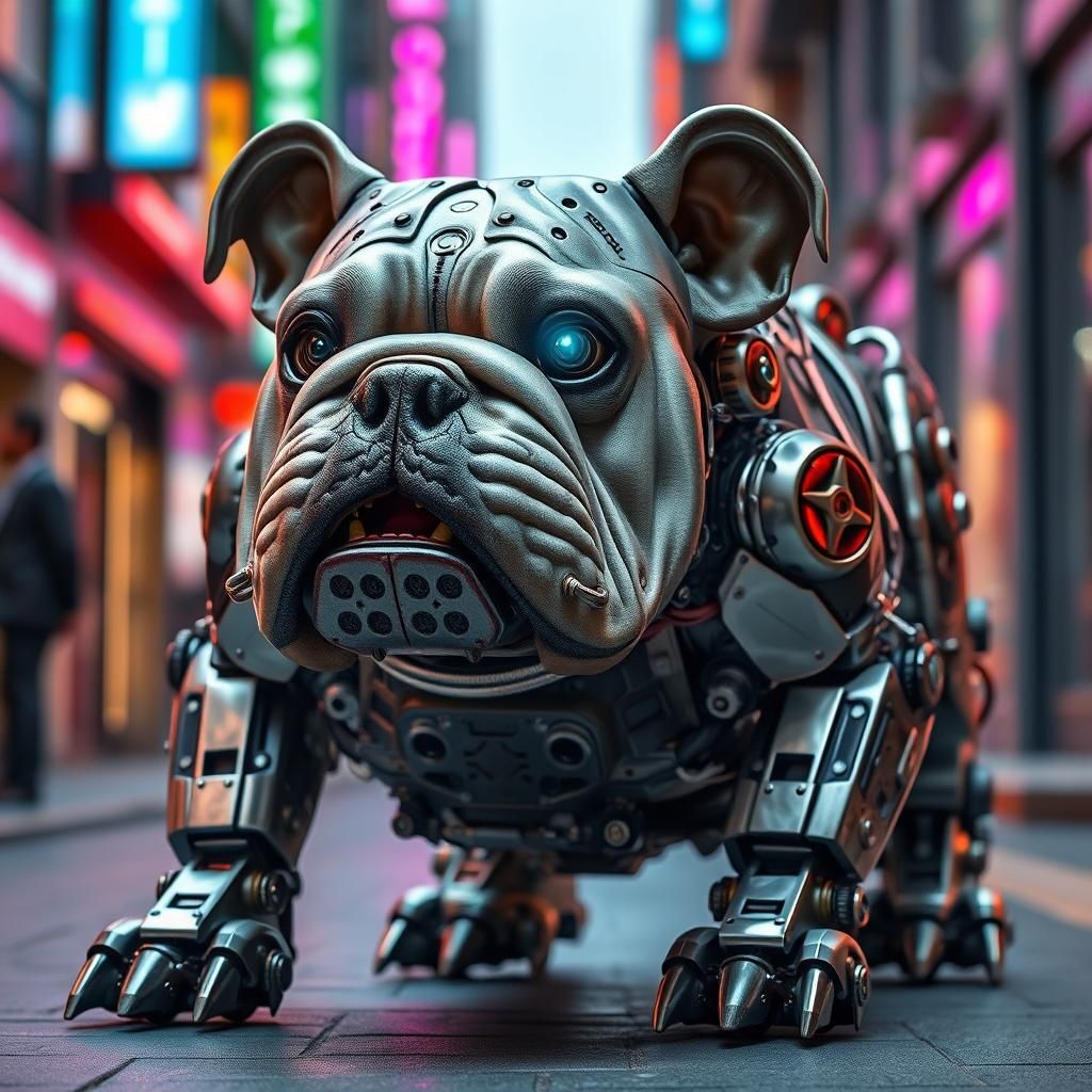 Mechanized Bulldog in Futuristic Cityscape