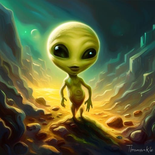 Tiny Yellow Alien Running in Ethereal Fantasy Style