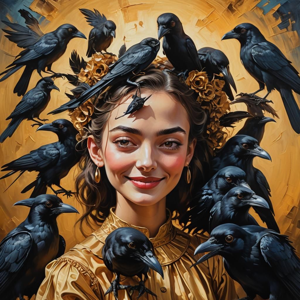 Surreal Portrait of a Girl with Crow in Oil Painting Style