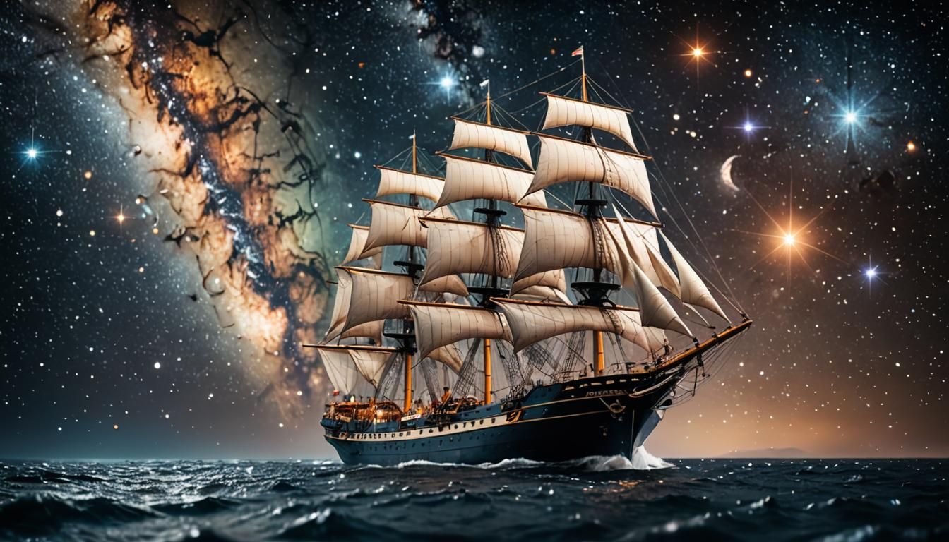 Three-Masted Ship Sails Through Starry Space